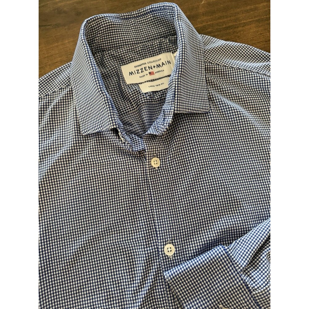 Mizzen+Main Shirt Mens Large Blue Gingham Button Up Long Sleeve Trim Fit Classic